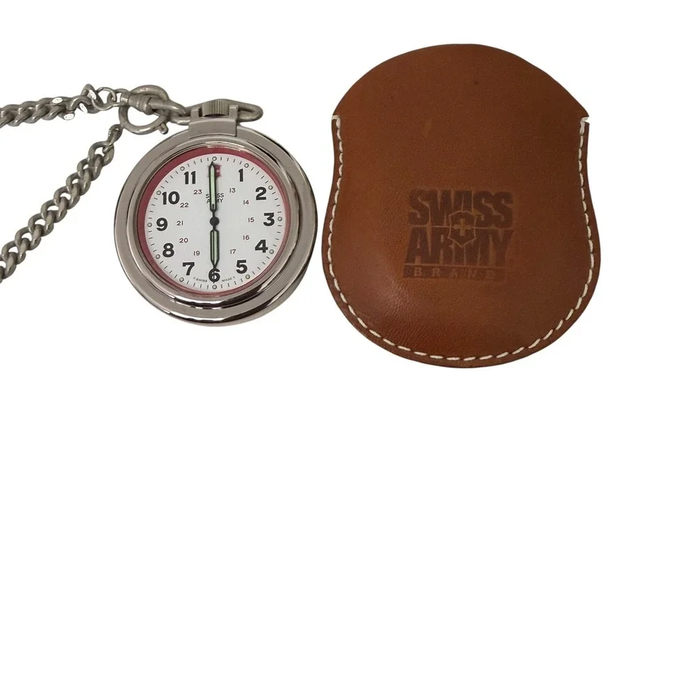 Vintage Swiss Army Pocket Watch with Leather Pouch and Chain White Dial Germany